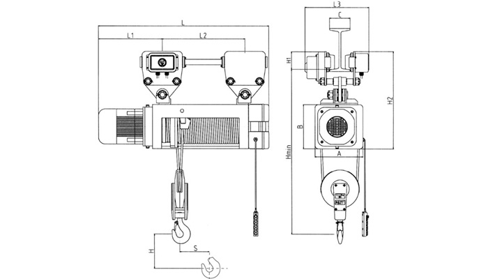 懸掛式鋼絲繩電動(dòng)葫蘆結(jié)構(gòu)尺寸圖